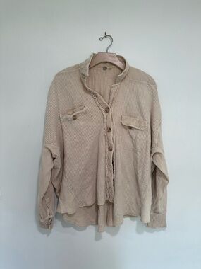 Free People Beige Button-Down Waffle Knit Shirt